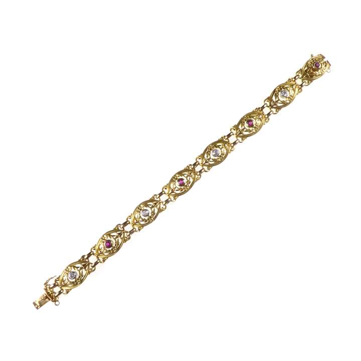 Antique gold, ruby and diamond openwork link bracelet